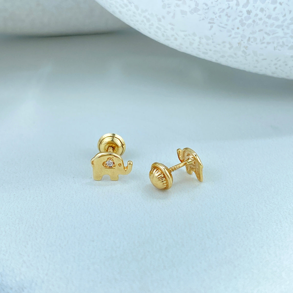 14k Solid Gold Elephant Stud Earrings, 14k Solid Yellow Gold Elephant Stud featuring Cubic Zirconia Stud, Screw Back Studs, Unisex