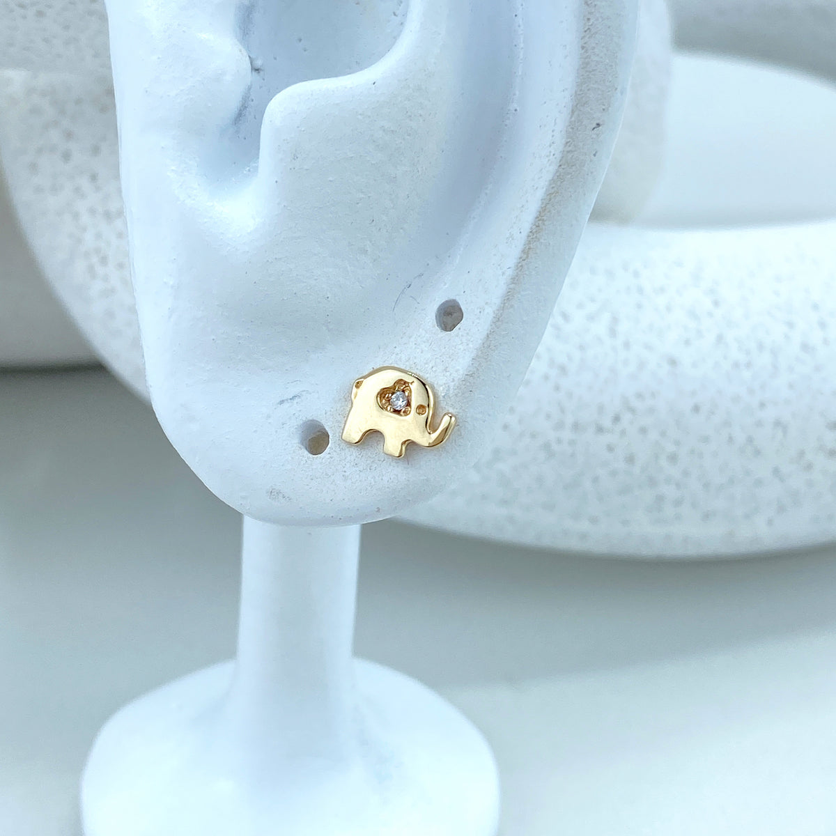 14k Solid Gold Elephant Stud Earrings, 14k Solid Yellow Gold Elephant Stud featuring Cubic Zirconia Stud, Screw Back Studs, Unisex
