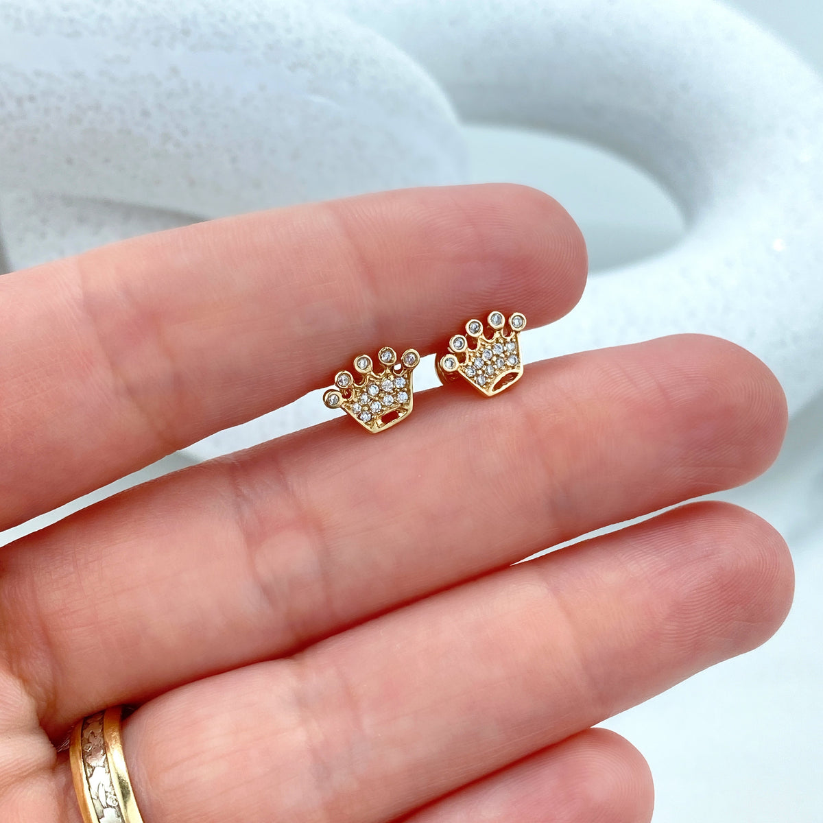 14k Solid Gold Crown Stud Earring featuring Cubic Zirconia, 14k Solid Yellow Gold Crown Shape Stud, Screw Back Studs, Unisex