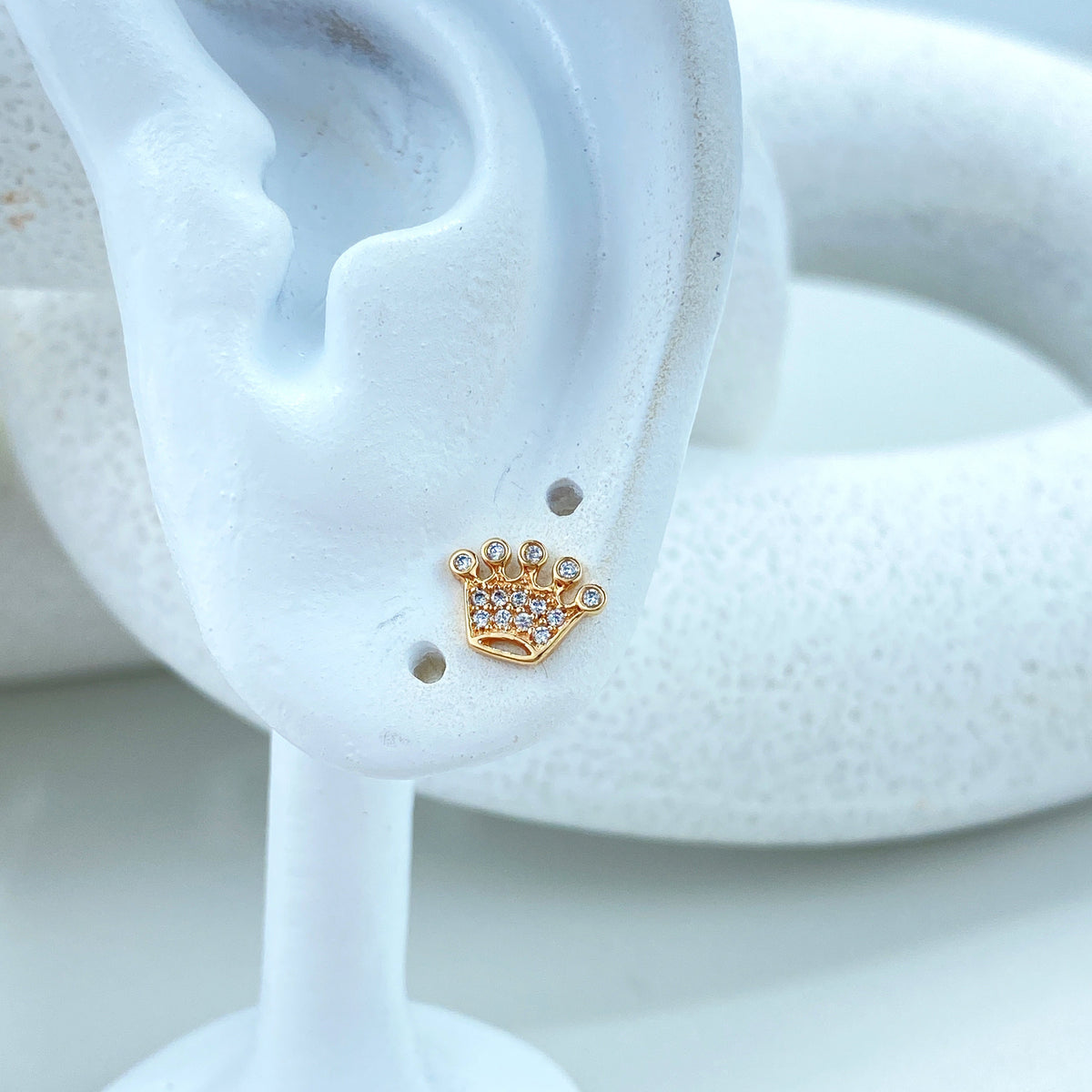 14k Solid Gold Crown Stud Earring featuring Cubic Zirconia, 14k Solid Yellow Gold Crown Shape Stud, Screw Back Studs, Unisex