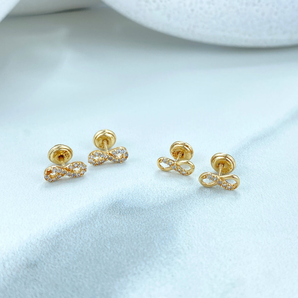 14k Solid Gold Infinity Stud Earrings featuring Cubic Zirconia, 14k Solid Gold CZ Stud, 14k Solid Yellow Gold Stud, Screw Back Studs, Unisex