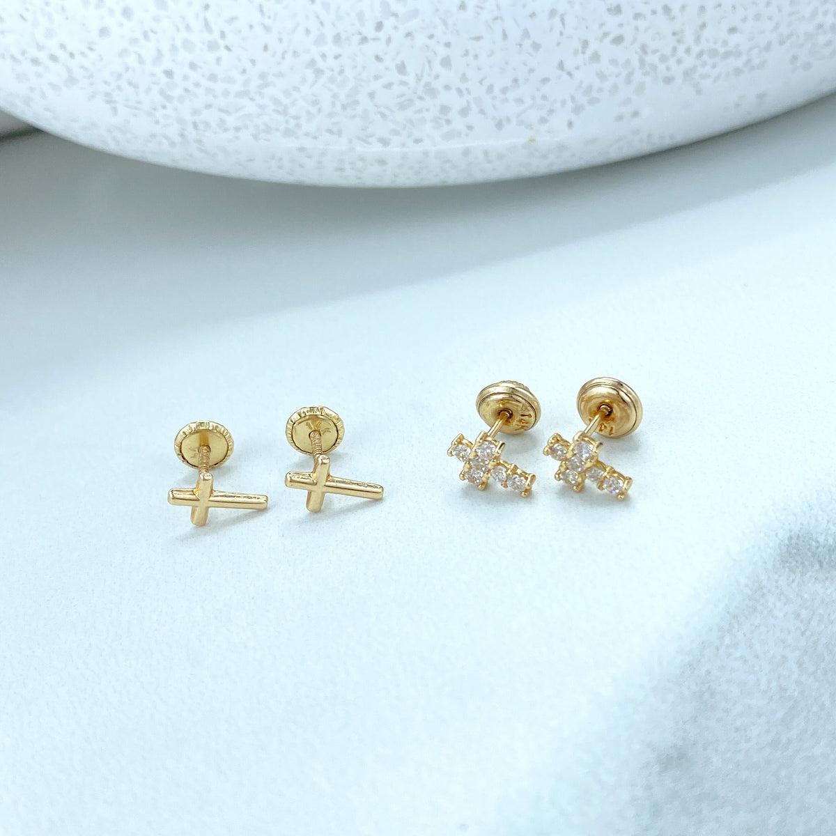 14k Solid Gold Cross Shape Stud Earrings, Polished or featuring Cubic Zirconia, 14k Solid Yellow Gold Cross Stud, Screw Back Studs, Unisex