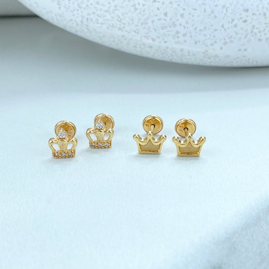 14k Solid Gold Crown Stud Earrings, Gold Crown or featuring Cubic Zirconia Crown, 14k Solid Yellow Gold Stud, Screw Back Studs, Unisex
