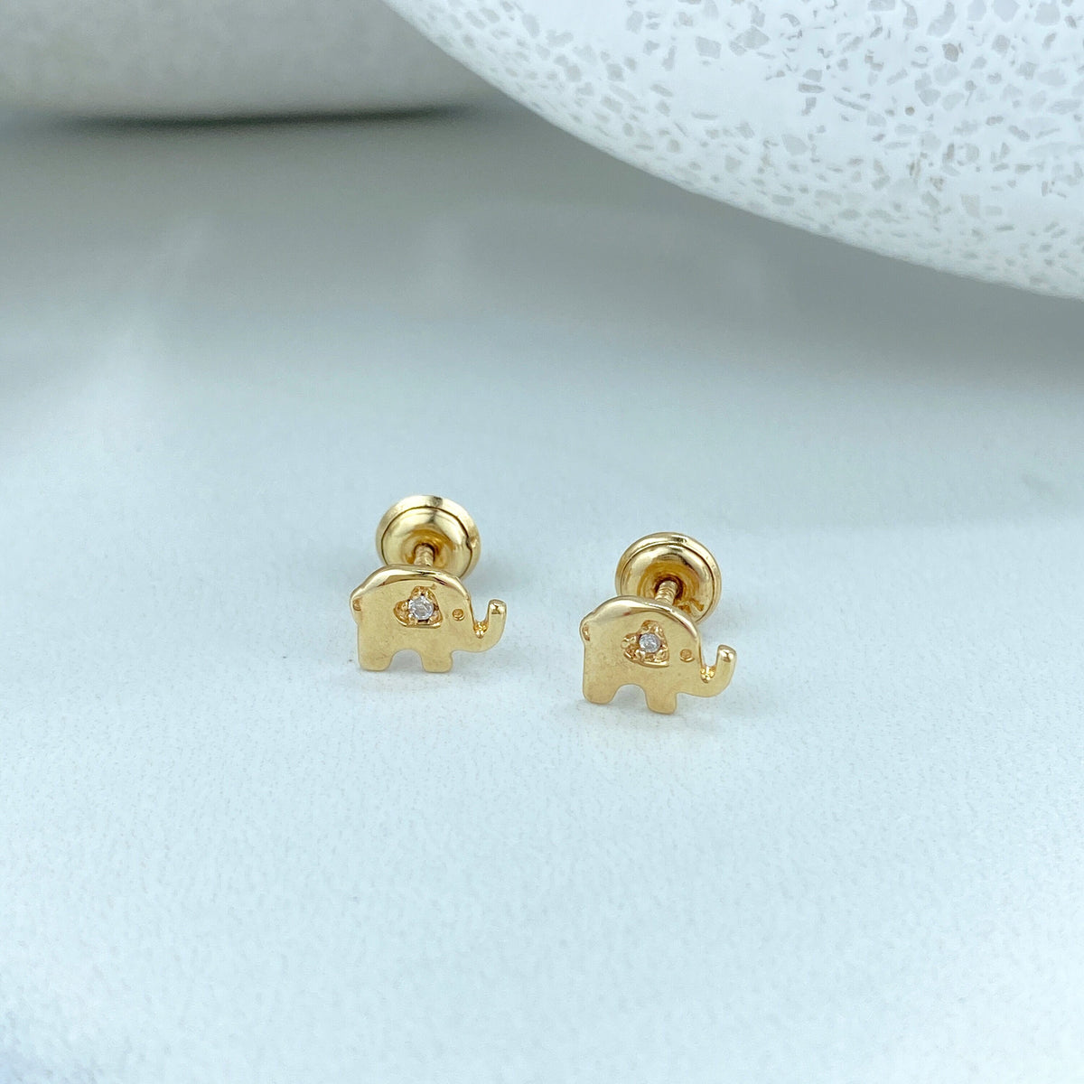 14k Solid Gold Elephant Stud Earrings, 14k Solid Yellow Gold Elephant Stud featuring Cubic Zirconia Stud, Screw Back Studs, Unisex