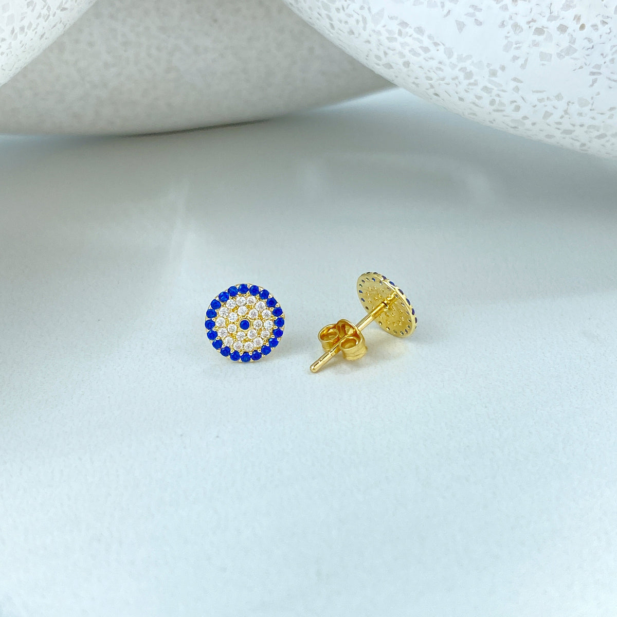 14k Solid Gold Evil Eye Micro Cubic Zirconia Stud Earrings, 14k Solid Yellow Gold CZ Stud Earrings, Push Back, 14k Solid Gold Tiny Studs