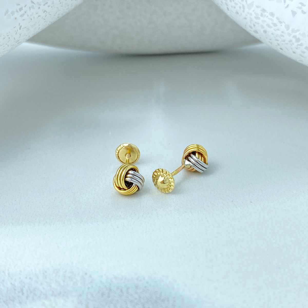 14k Solid Gold Two Tone Knot Stud Earrings, 14k Solid Yellow and Silver Gold Stud Earrings, Screw Back, Tiny Studs
