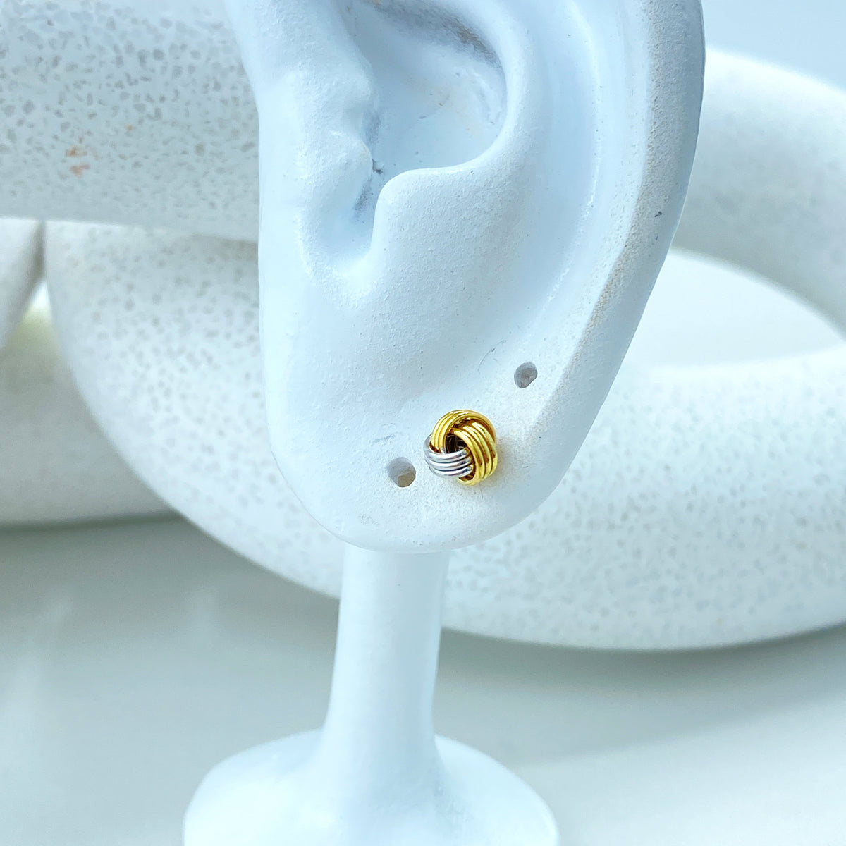 14k Solid Gold Two Tone Knot Stud Earrings, 14k Solid Yellow and Silver Gold Stud Earrings, Screw Back, Tiny Studs