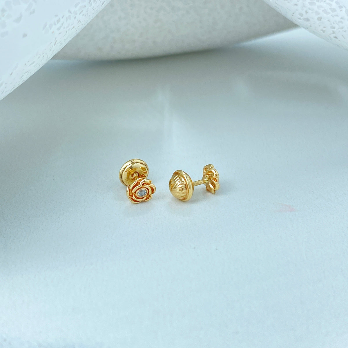 14k Solid Gold Rose Shape Stud Earrings or Circle Stud Earrings featuring Cubic Zirconia, 14k Solid Yellow Gold CZ Stud Earrings, Screw Back