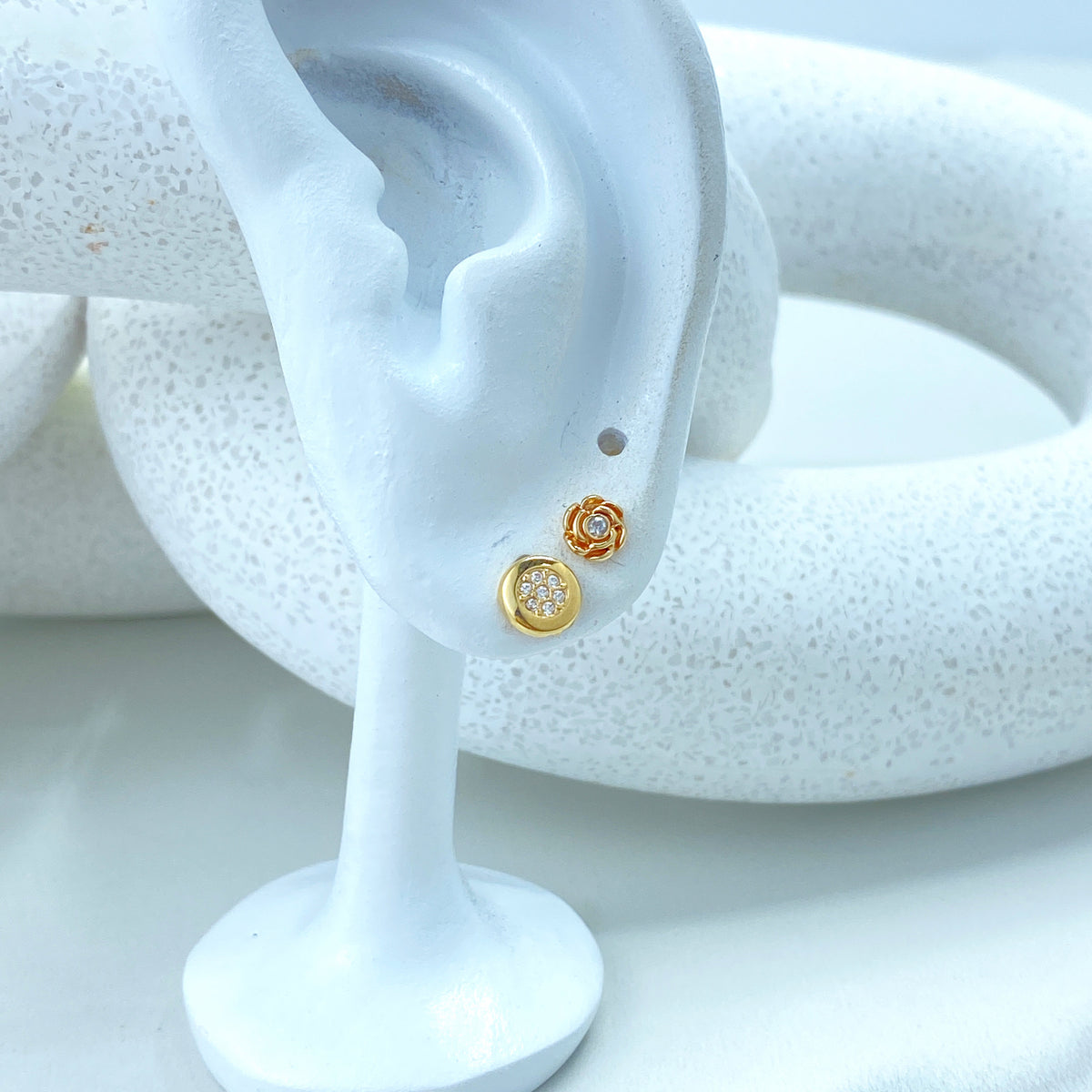 14k Solid Gold Rose Shape Stud Earrings or Circle Stud Earrings featuring Cubic Zirconia, 14k Solid Yellow Gold CZ Stud Earrings, Screw Back