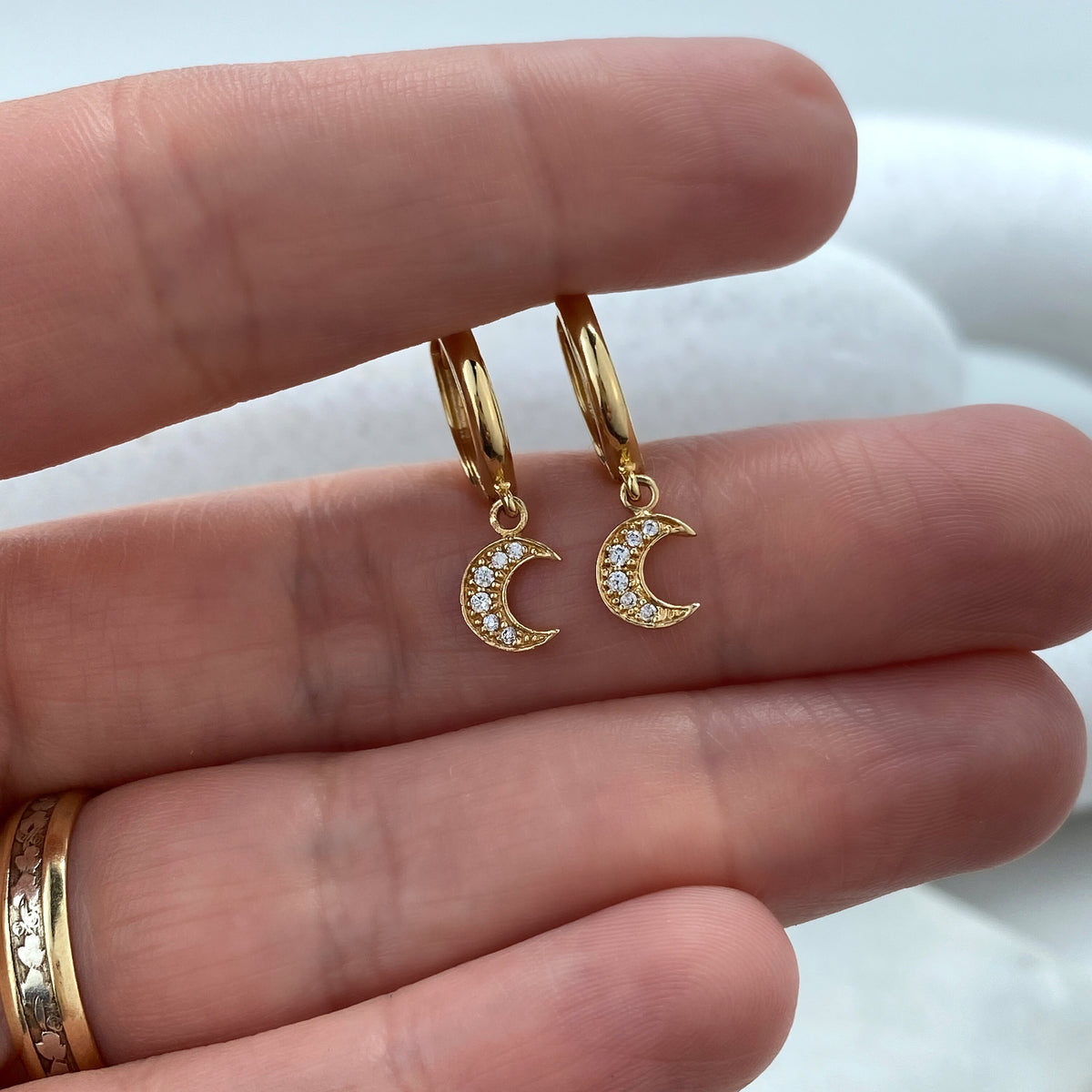 14k Solid Gold Huggie Earrings with Dangle Half Moon Charm featuring Cubic Zirconia, 14k Solid Yellow Gold CZ Moon Huggie Earrings