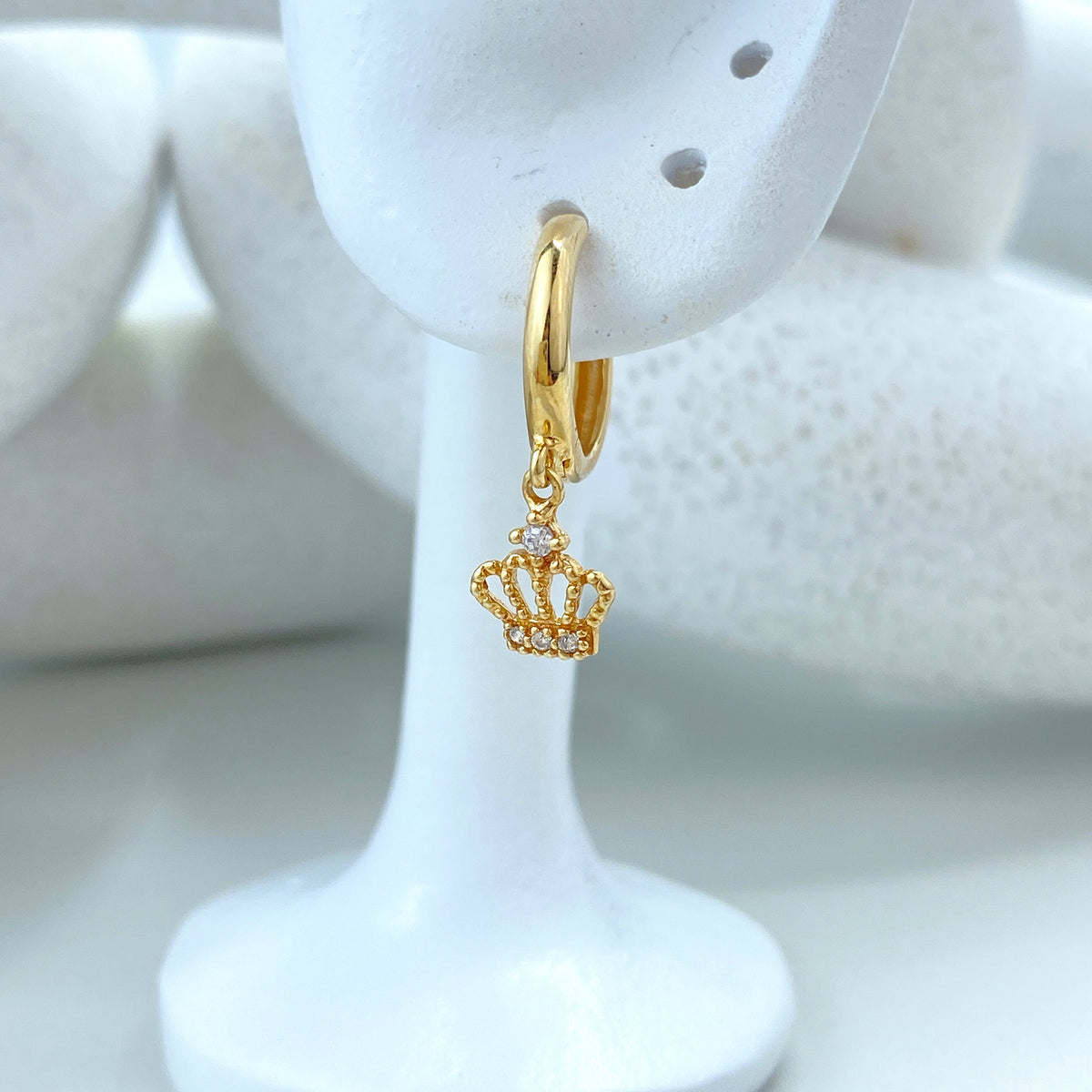 14k Solid Gold Huggie Earrings with Dangle Cutout Crown Charm featuring Cubic Zirconia, 14k Solid Yellow Gold CZ King Queen Crown Huggie