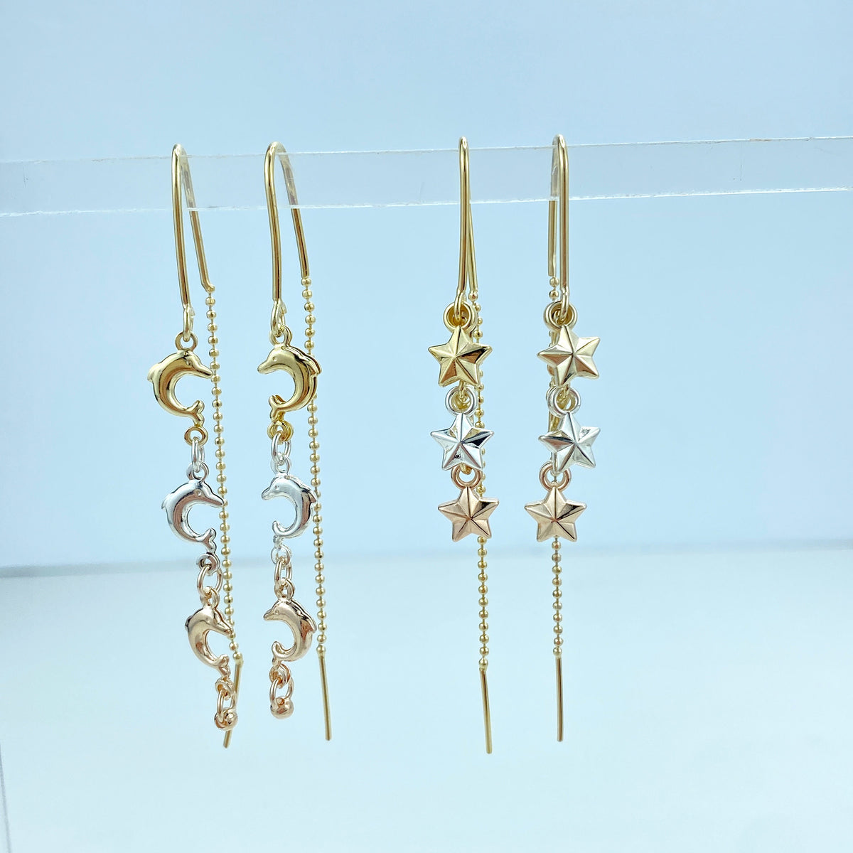 18k Gold Filled Two Tone and Three Tone Threader Earrings with Stars, Three Dophins, Ball and Dolphin or Sun Theme, Wholesale Jewelry