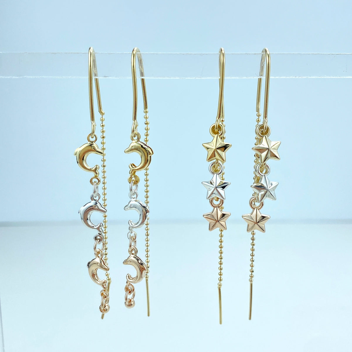 18k Gold Filled Two Tone and Three Tone Threader Earrings with Stars, Three Dophins, Ball and Dolphin or Sun Theme, Wholesale Jewelry