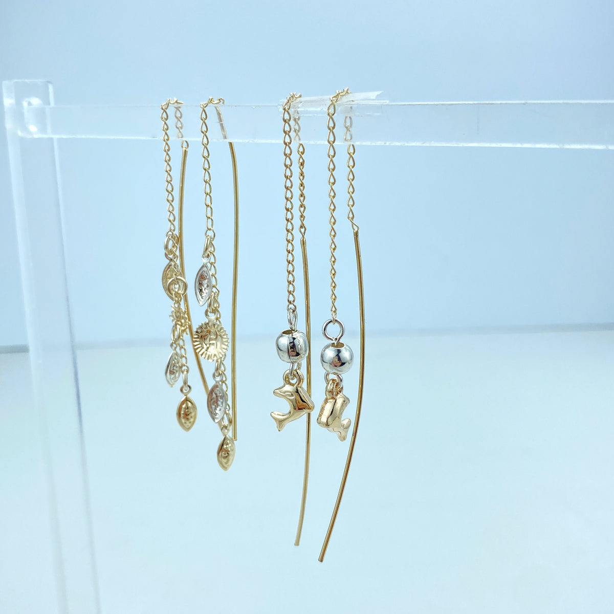 18k Gold Filled Two Tone and Three Tone Threader Earrings with Stars, Three Dophins, Ball and Dolphin or Sun Theme, Wholesale Jewelry