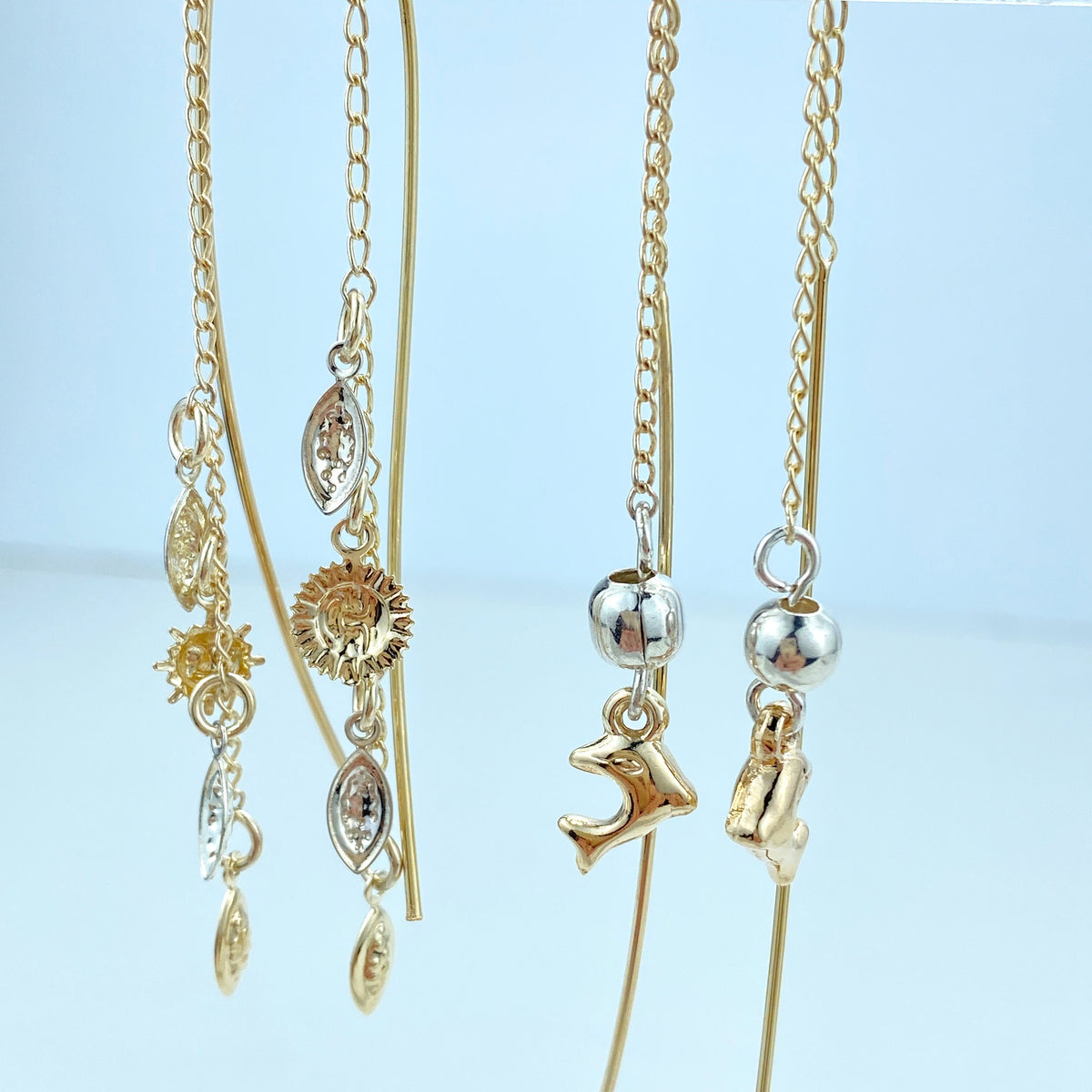18k Gold Filled Two Tone and Three Tone Threader Earrings with Stars, Three Dophins, Ball and Dolphin or Sun Theme, Wholesale Jewelry