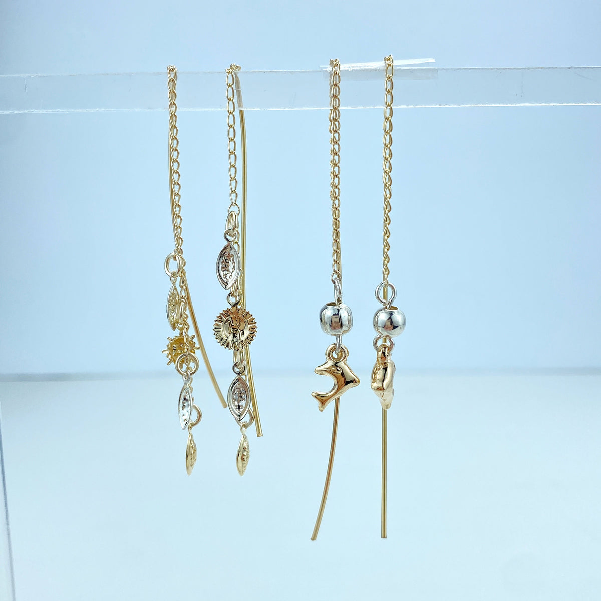 18k Gold Filled Two Tone and Three Tone Threader Earrings with Stars, Three Dophins, Ball and Dolphin or Sun Theme, Wholesale Jewelry