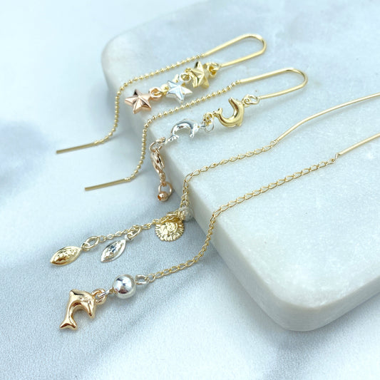 18k Gold Filled Two Tone and Three Tone Threader Earrings with Stars, Three Dophins, Ball and Dolphin or Sun Theme, Wholesale Jewelry