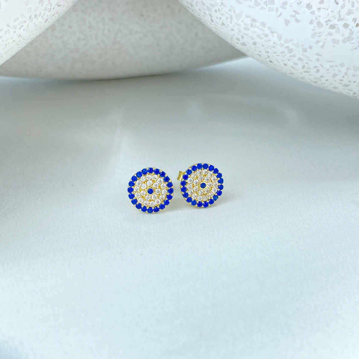 14k Solid Gold Evil Eye Micro Cubic Zirconia Stud Earrings, 14k Solid Yellow Gold CZ Stud Earrings, Push Back, 14k Solid Gold Tiny Studs