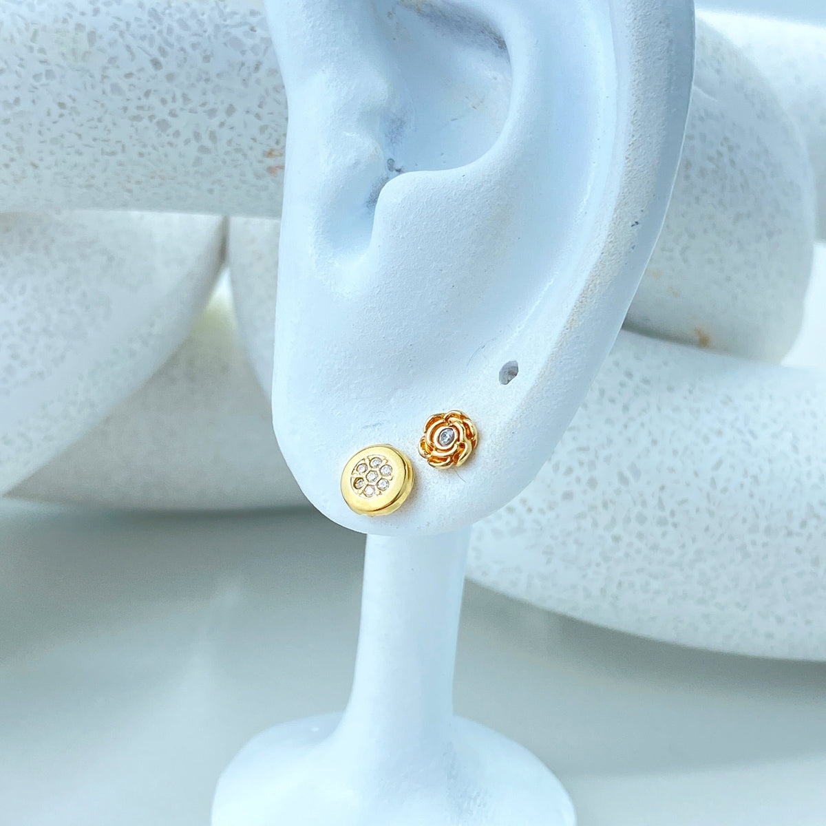 14k Solid Gold Rose Shape Stud Earrings or Circle Stud Earrings featuring Cubic Zirconia, 14k Solid Yellow Gold CZ Stud Earrings, Screw Back