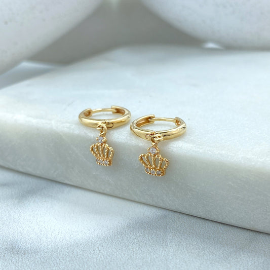 14k Solid Gold Huggie Earrings with Dangle Cutout Crown Charm featuring Cubic Zirconia, 14k Solid Yellow Gold CZ King Queen Crown Huggie