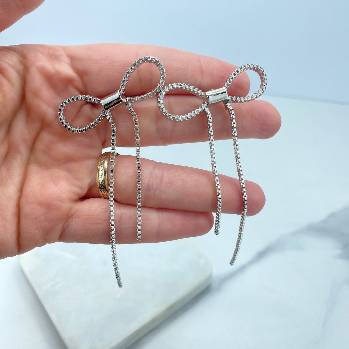 Silver Filled Bow Shape Post Earrings, Tassel Bow Shaped Earrings, Bow Ribbon Drop Dangle Earrings, Wholesale Jewelry