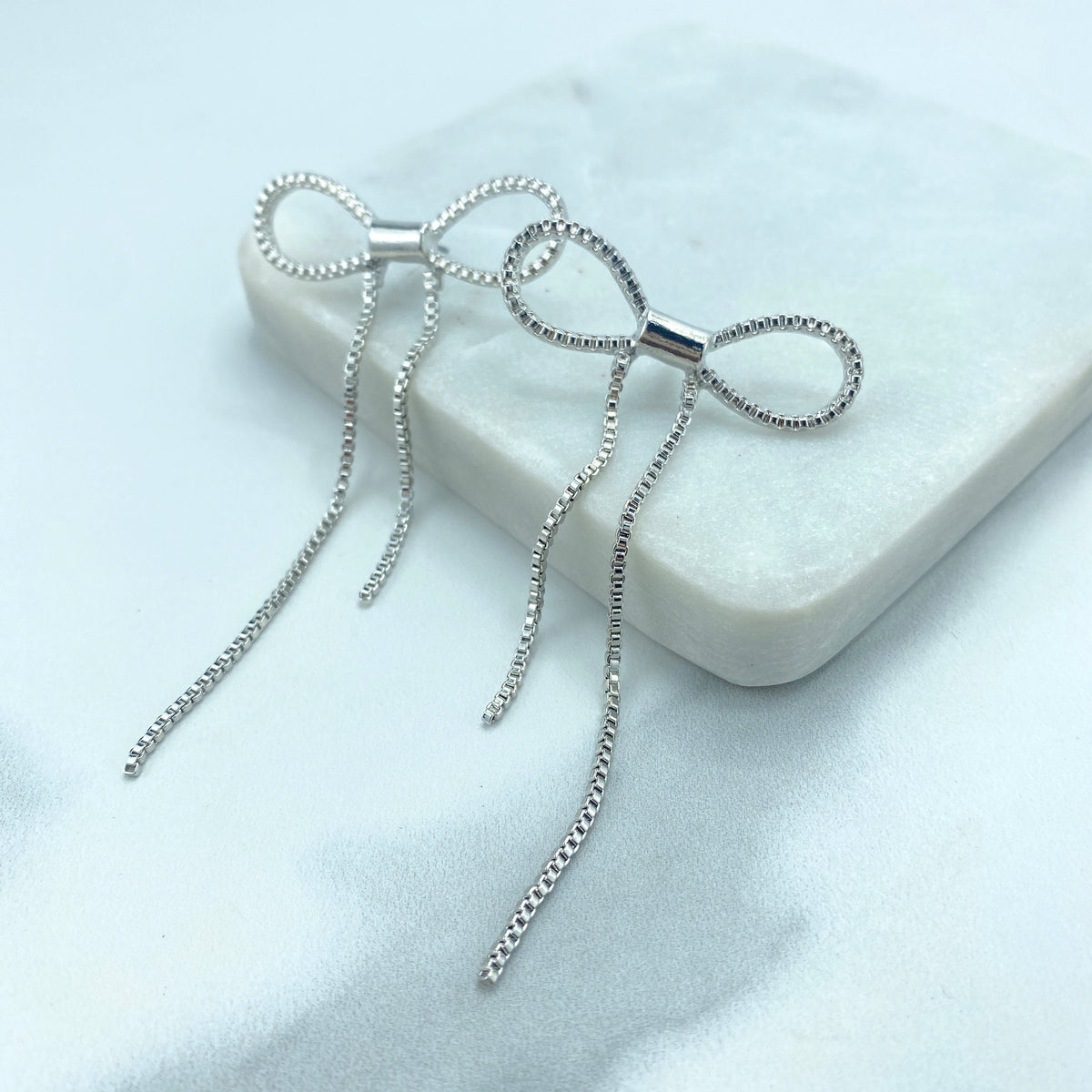 Silver Filled Bow Shape Post Earrings, Tassel Bow Shaped Earrings, Bow Ribbon Drop Dangle Earrings, Wholesale Jewelry
