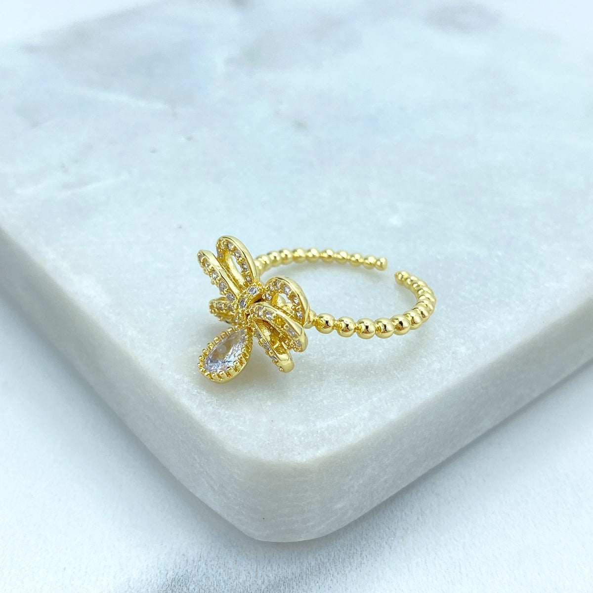 18k Gold Filled Adjustable Ring, 3D Ribbon Bow Ring featuring Micro Cubic Zirconia Adjustable Ring, Knot Bow Ring, Wholesale Jewelry