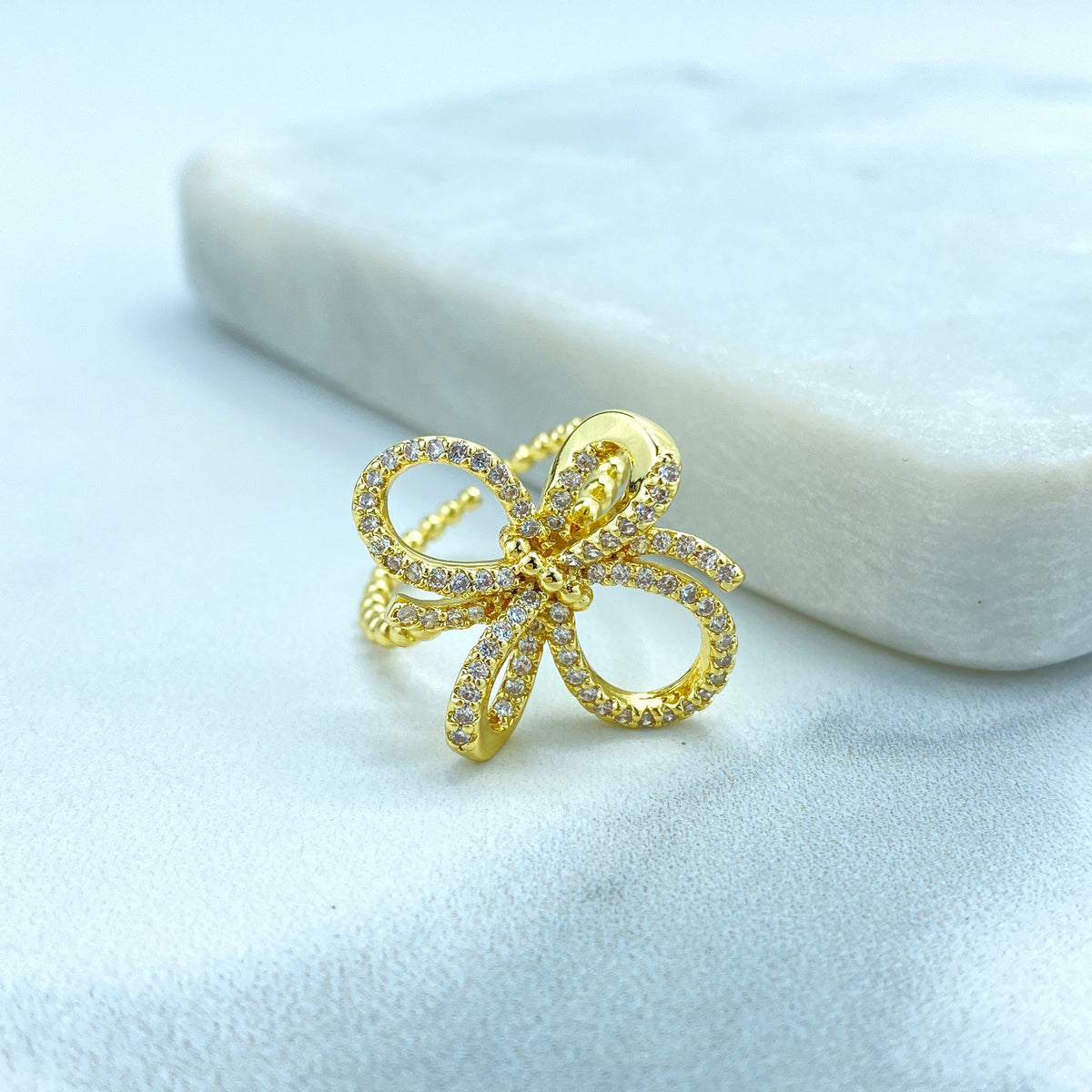 18k Gold Filled Adjustable Ring, 3D Ribbon Bow Ring featuring Micro Cubic Zirconia Adjustable Ring, Knot Bow Ring, Wholesale Jewelry