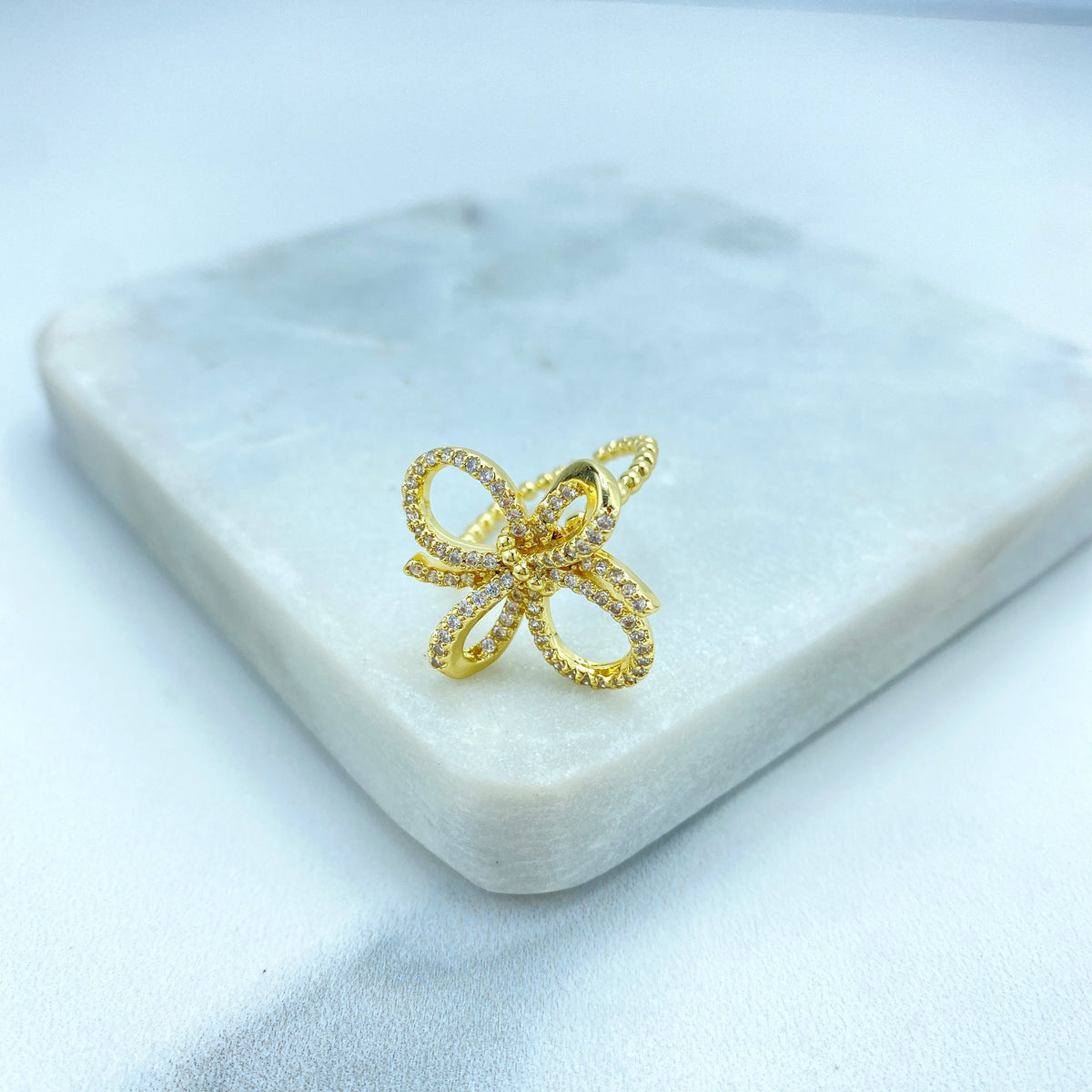 18k Gold Filled Adjustable Ring, 3D Ribbon Bow Ring featuring Micro Cubic Zirconia Adjustable Ring, Knot Bow Ring, Wholesale Jewelry