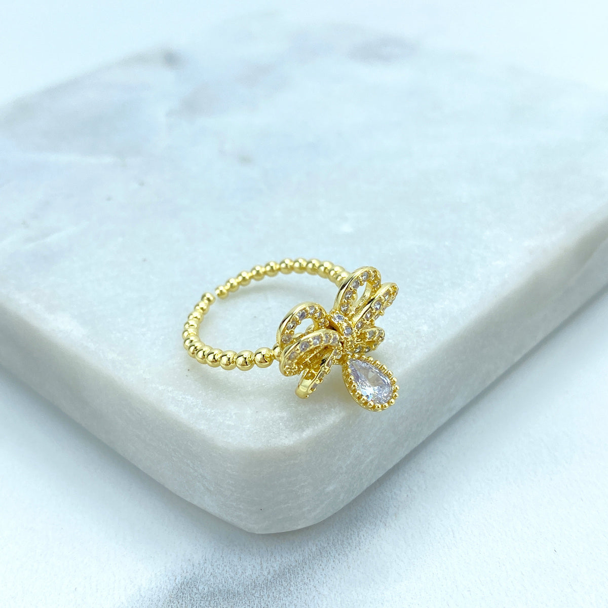 18k Gold Filled Adjustable Ring with Dangle Charms, Ribbon Bow Ring featuring Micro Cubic Zirconia Ring, Knot Bow Ring, Wholesale Jewelry