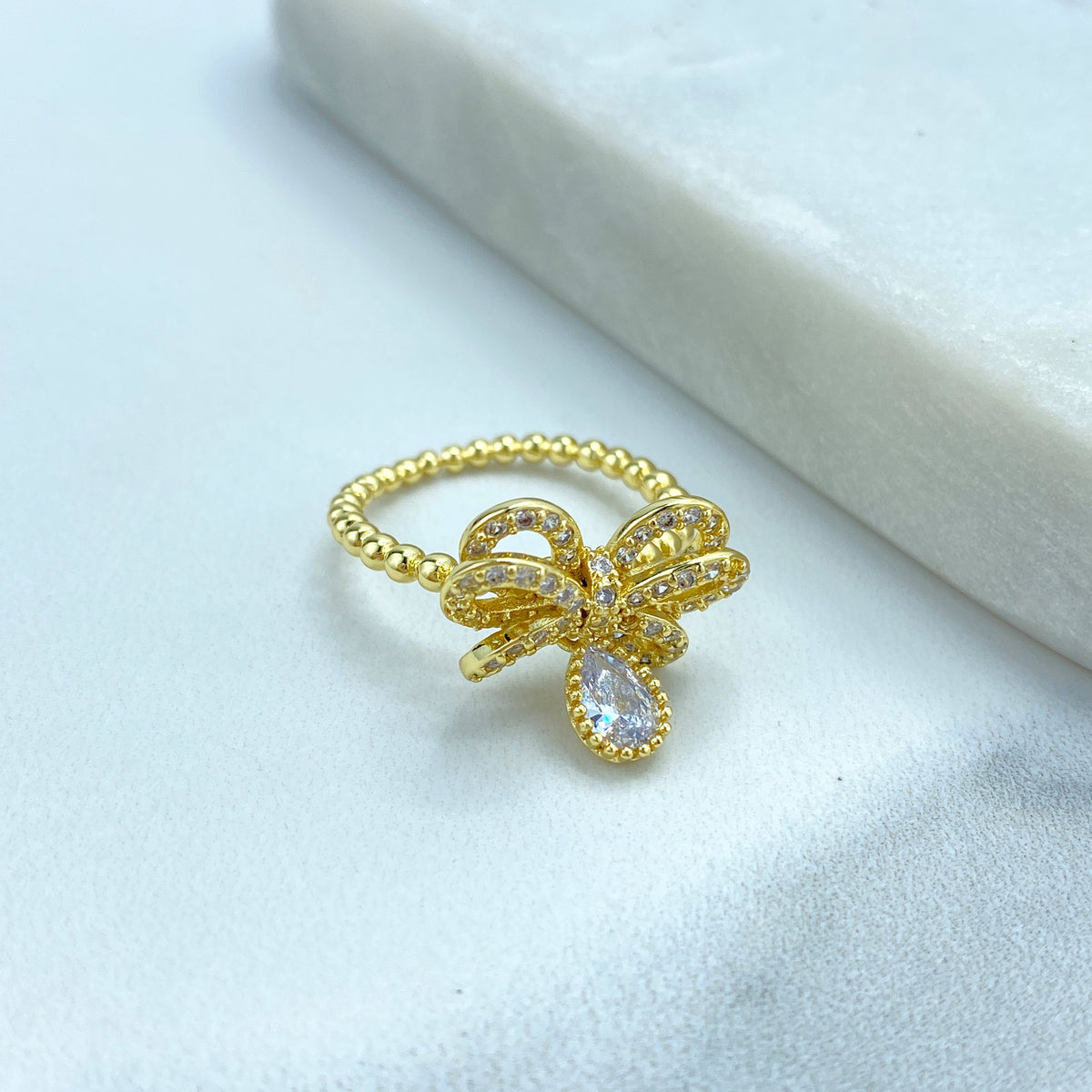 18k Gold Filled Adjustable Ring with Dangle Charms, Ribbon Bow Ring featuring Micro Cubic Zirconia Ring, Knot Bow Ring, Wholesale Jewelry