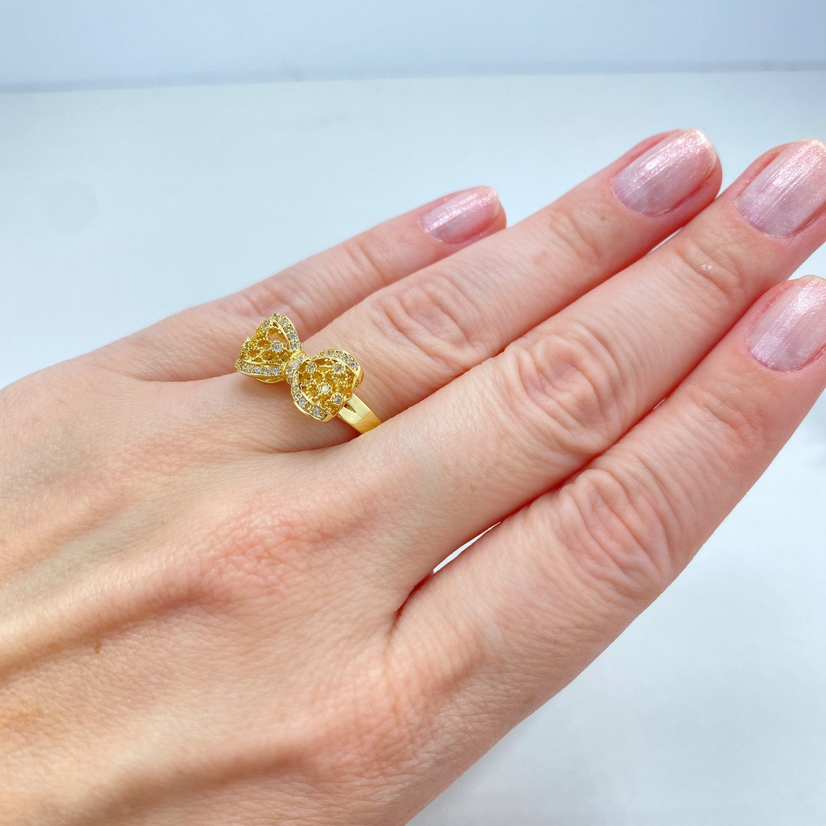18k Gold Filled Adjustable Ring, 3D Mesh Ribbon Bow Ring featuring Micro Cubic Zirconia Adjustable Ring, Cutout Bow Ring, Wholesale Jewelry