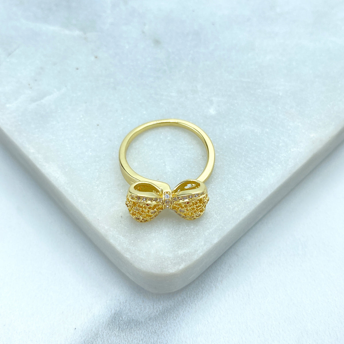 18k Gold Filled Adjustable Ring, 3D Mesh Ribbon Bow Ring featuring Micro Cubic Zirconia Adjustable Ring, Cutout Bow Ring, Wholesale Jewelry