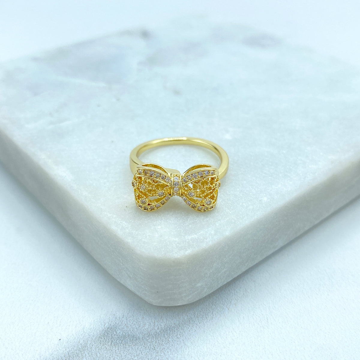 18k Gold Filled Adjustable Ring, 3D Mesh Ribbon Bow Ring featuring Micro Cubic Zirconia Adjustable Ring, Cutout Bow Ring, Wholesale Jewelry