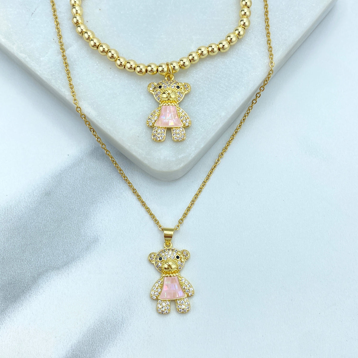 Stainless Steel Cute Bear Charm Featuring Cubic Zirconia Necklace or Beaded Bracelet, | Sold as a Set or Individually | Wholesale Jewelry