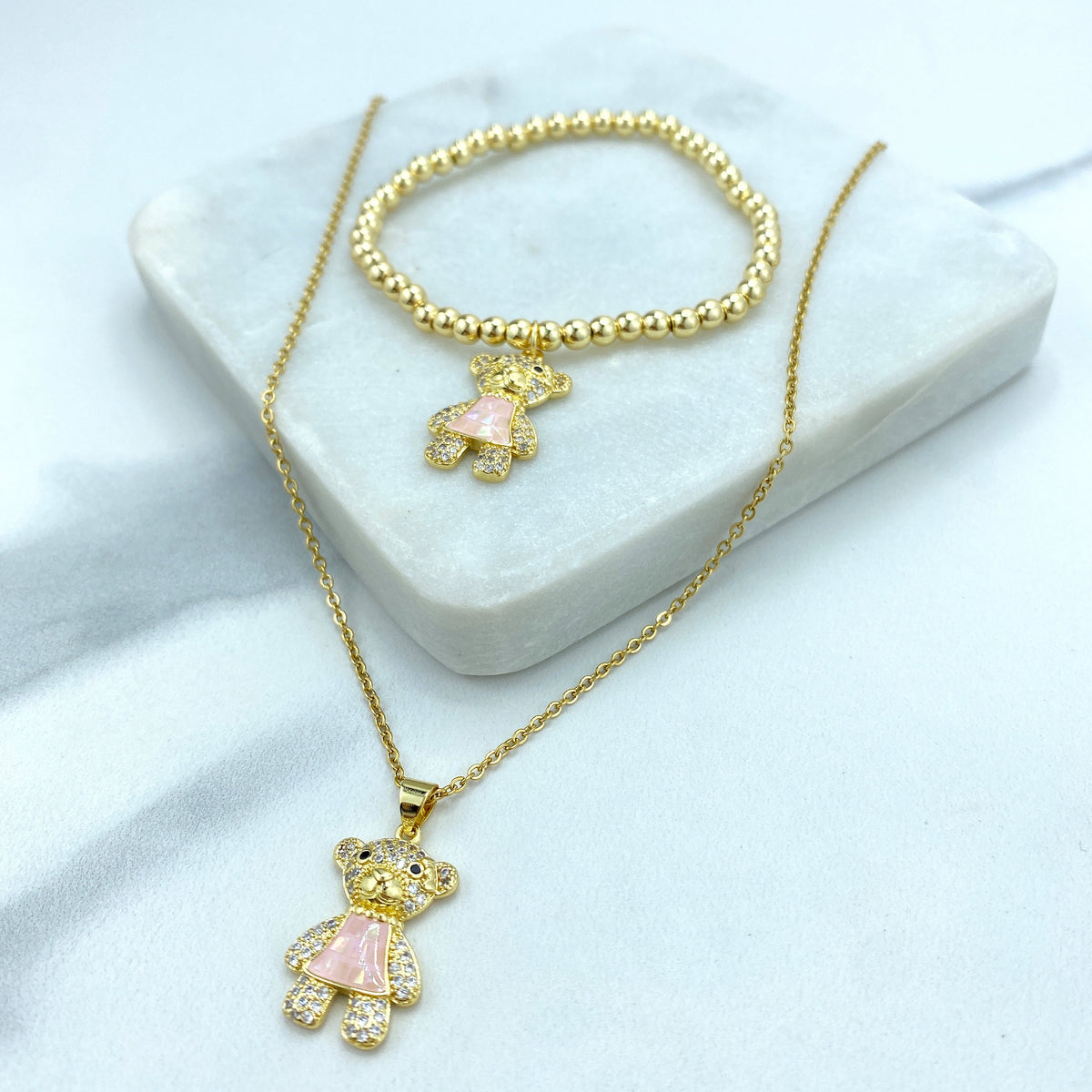 Stainless Steel Cute Bear Charm Featuring Cubic Zirconia Necklace or Beaded Bracelet, | Sold as a Set or Individually | Wholesale Jewelry