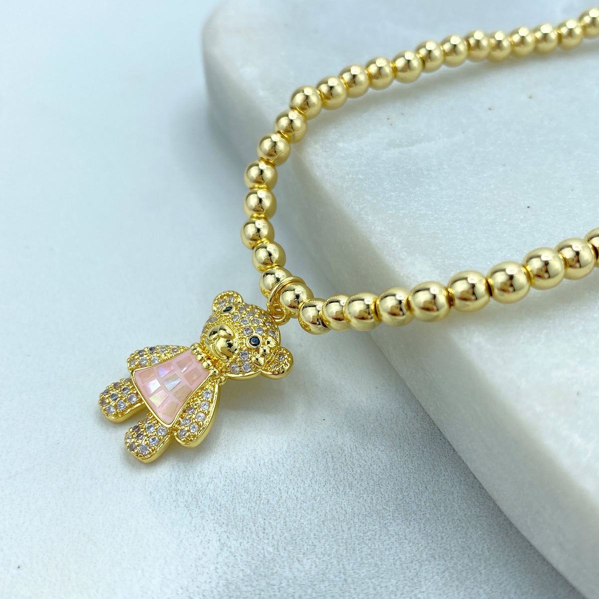 Stainless Steel Cute Bear Charm Featuring Cubic Zirconia Necklace or Beaded Bracelet, | Sold as a Set or Individually | Wholesale Jewelry
