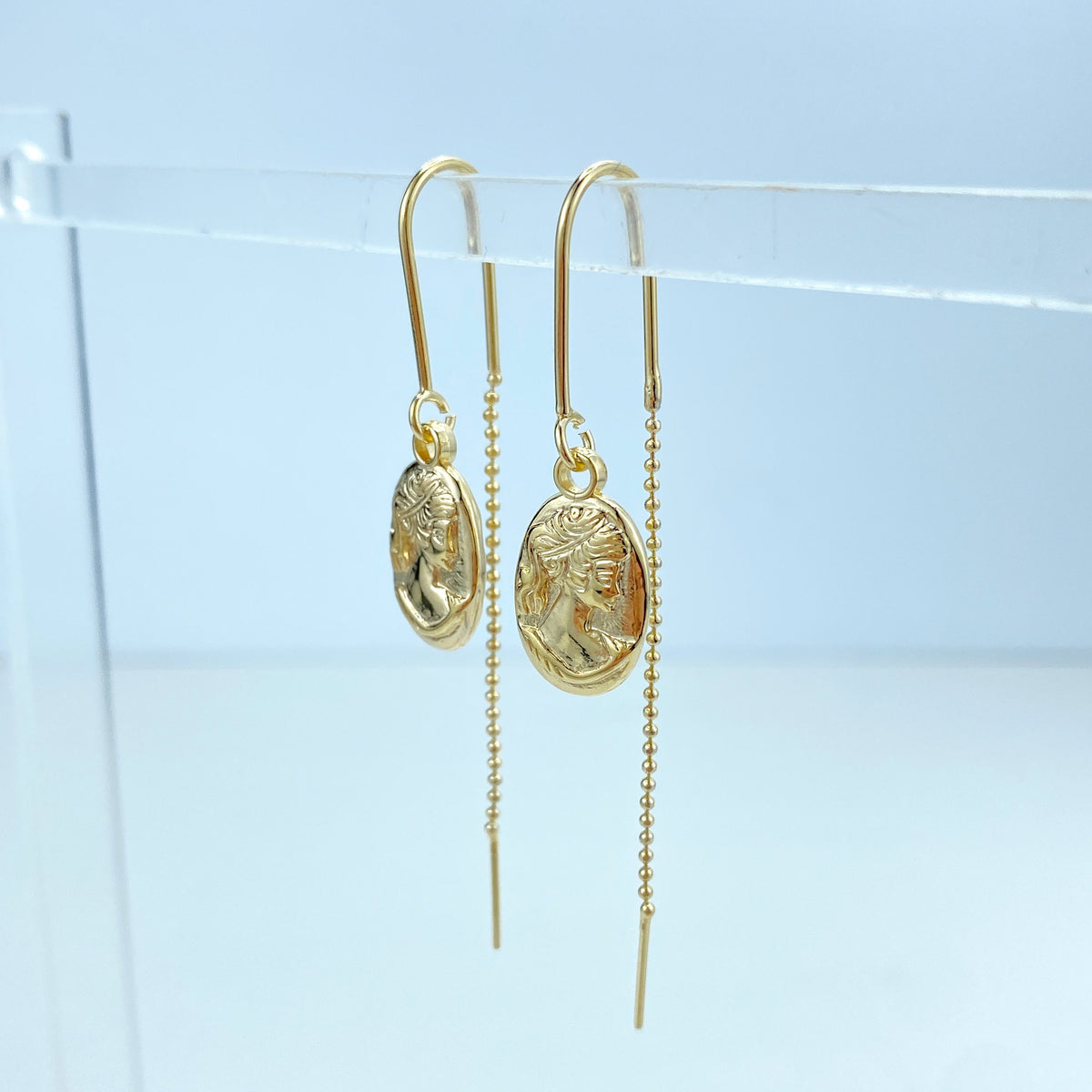 18k Gold Filled Threader Earrings Chain with Drop Medal Cameo or Cutout Crown Charm, Vintage Threader Earrings, Wholesale Jewelry