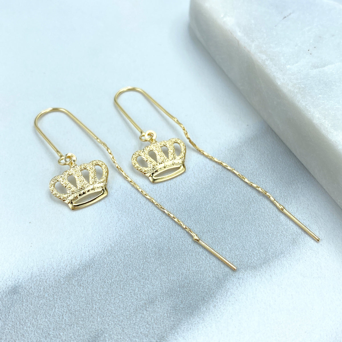 18k Gold Filled Threader Earrings Chain with Drop Medal Cameo or Cutout Crown Charm, Vintage Threader Earrings, Wholesale Jewelry