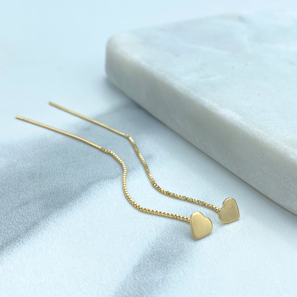 18k Gold Filled Box Chain Threader Earrings with Drop Polished Star, Moon or Heart Charm, Wholesale Jewelry