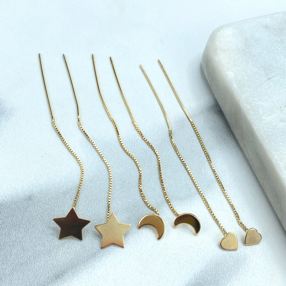 18k Gold Filled Box Chain Threader Earrings with Drop Polished Star, Moon or Heart Charm, Wholesale Jewelry