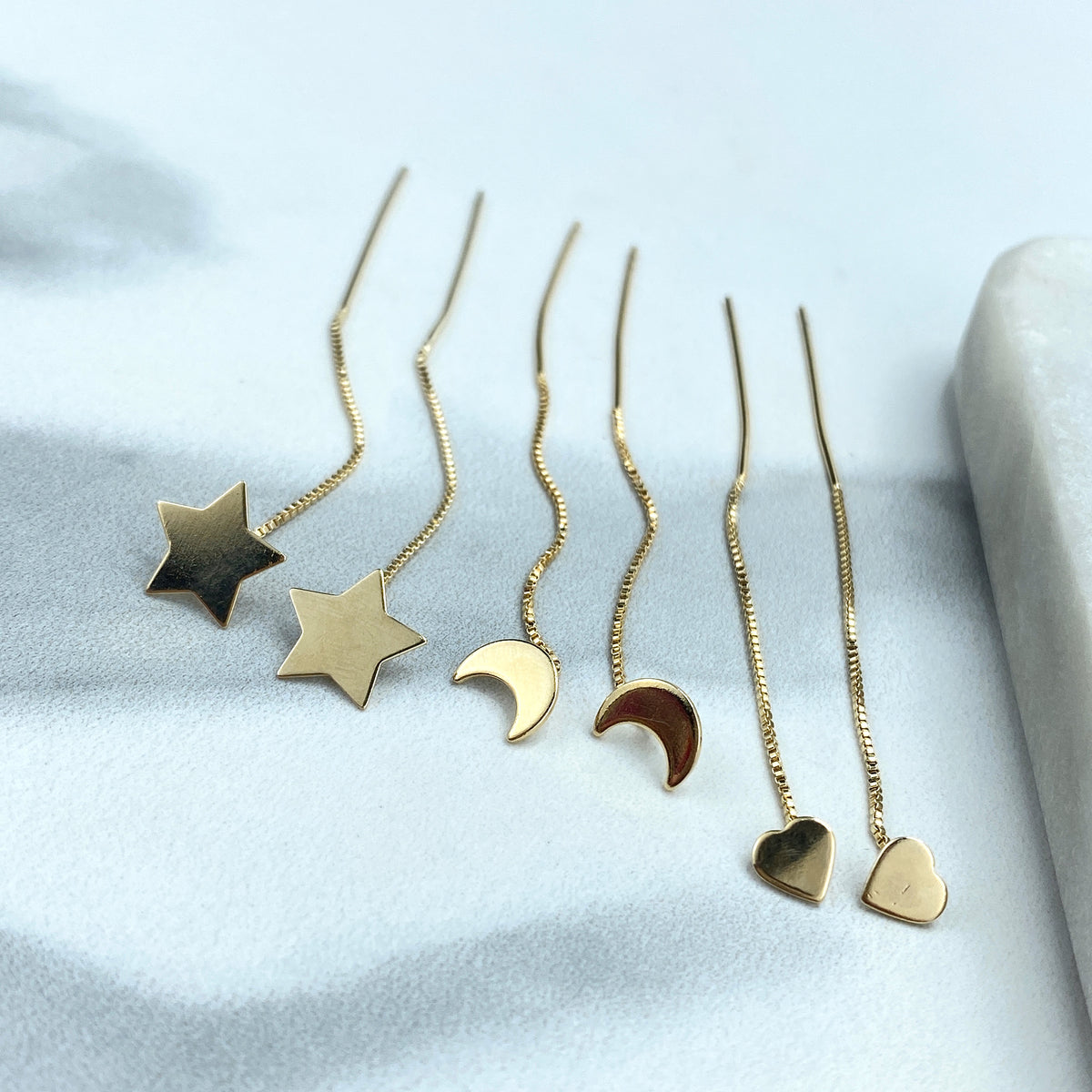 18k Gold Filled Box Chain Threader Earrings with Drop Polished Star, Moon or Heart Charm, Wholesale Jewelry
