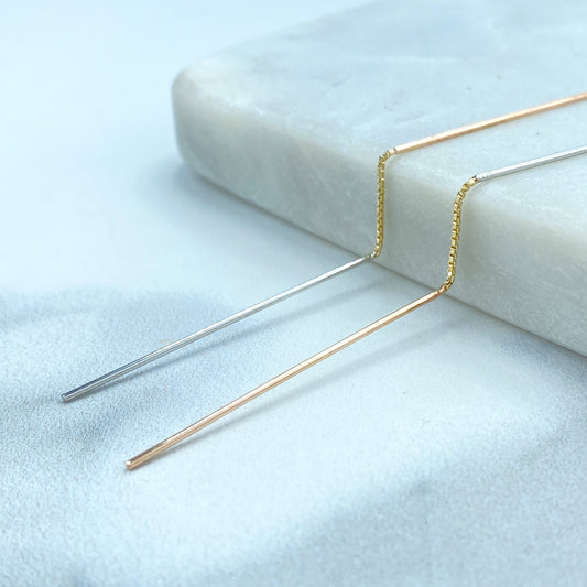 18k Gold Filled Three Tone Box Chain and Line Threader Earrings, Minimalist Style, Wholesale Jewelry