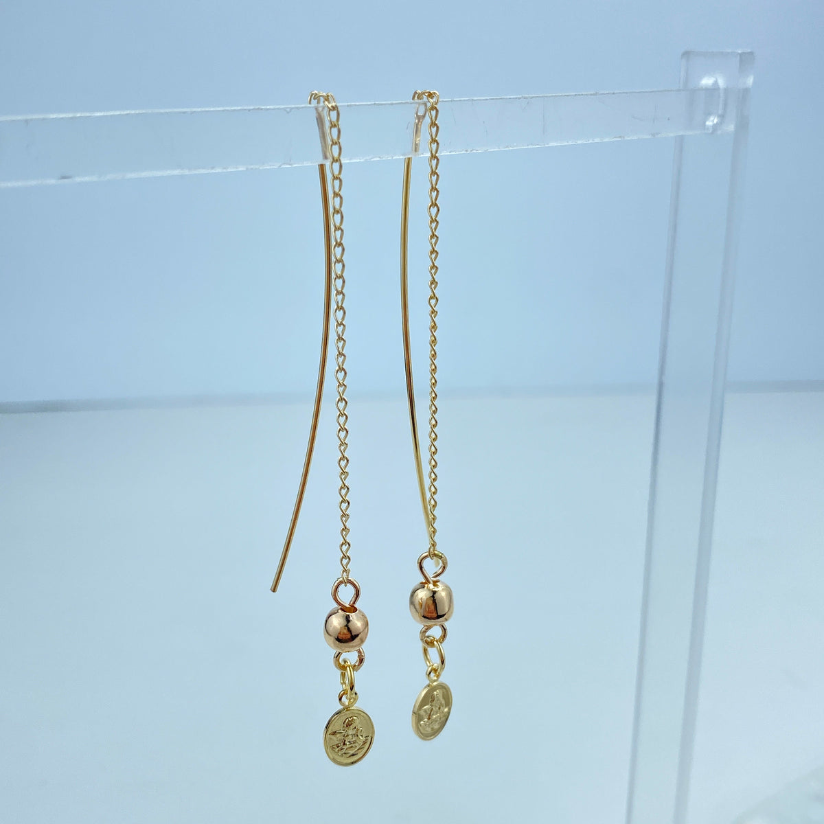 18k Gold Filled Chain Threader Earrings with Drop Gold Ball and Medal Angel Charm, Religious Vintage Threader Earrings, Wholesale Jewelry
