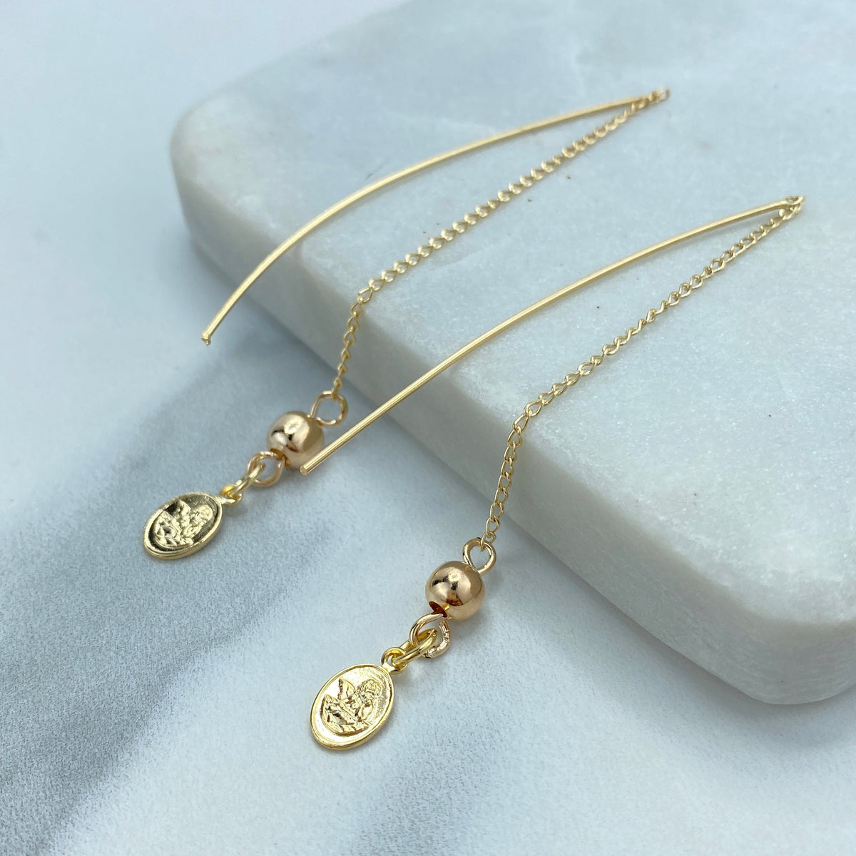 18k Gold Filled Chain Threader Earrings with Drop Gold Ball and Medal Angel Charm, Religious Vintage Threader Earrings, Wholesale Jewelry