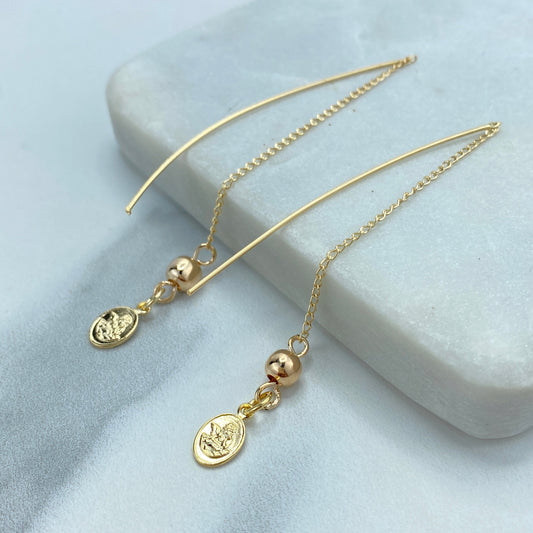 18k Gold Filled Chain Threader Earrings with Drop Gold Ball and Medal Angel Charm, Religious Vintage Threader Earrings, Wholesale Jewelry