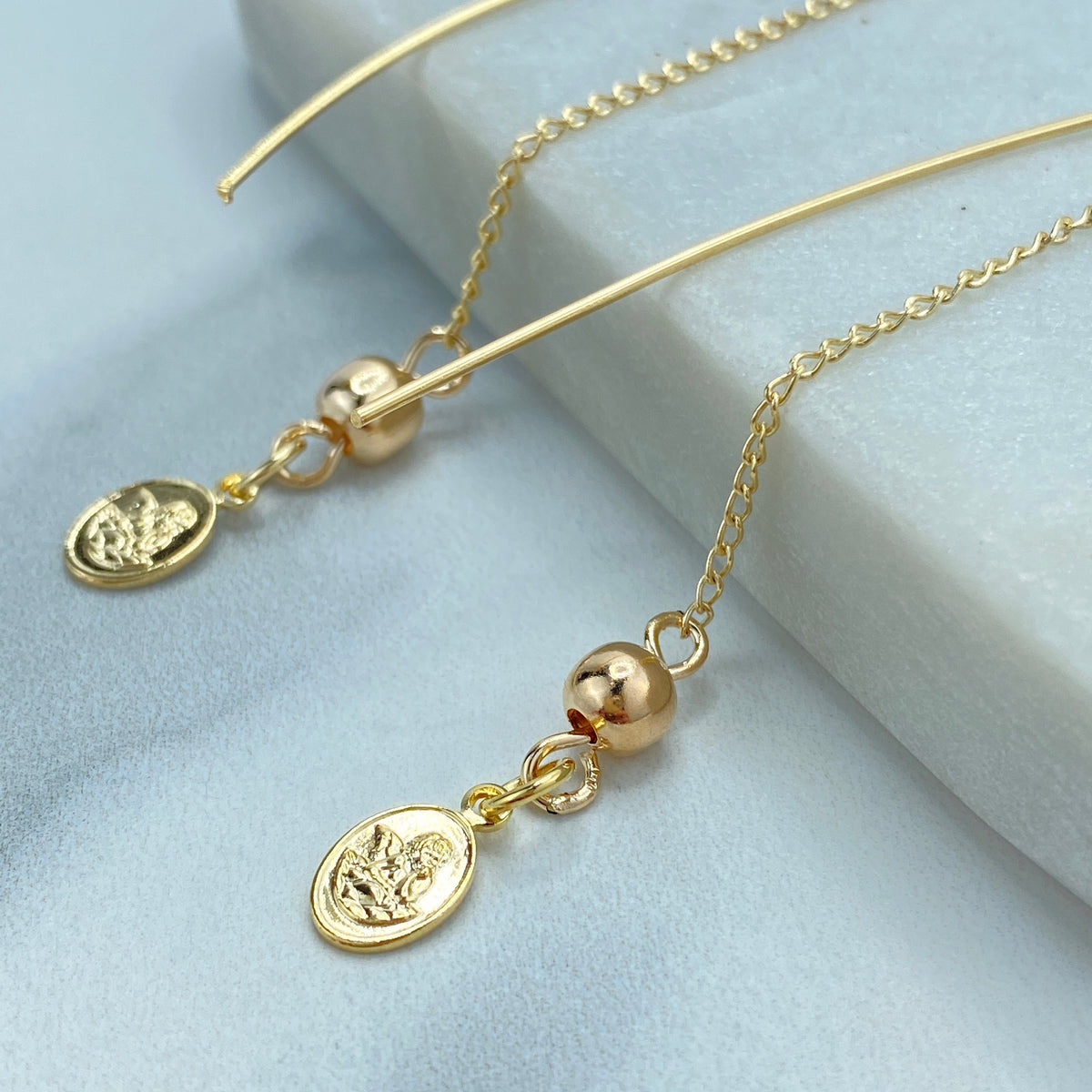 18k Gold Filled Chain Threader Earrings with Drop Gold Ball and Medal Angel Charm, Religious Vintage Threader Earrings, Wholesale Jewelry