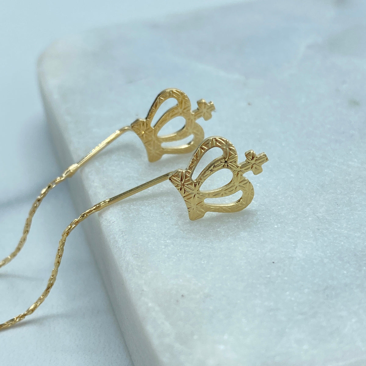 18k Gold Filled Chain Threader Earrings with Crown, CZ and Bow or Heart on Top, Vintage Threader Earrings, Wholesale Jewelry