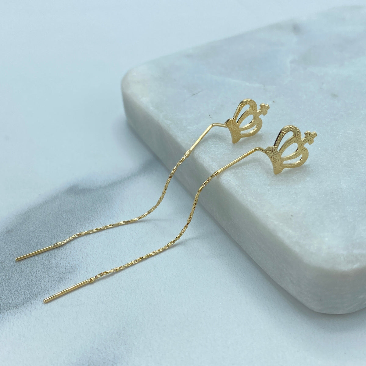 18k Gold Filled Chain Threader Earrings with Crown, CZ and Bow or Heart on Top, Vintage Threader Earrings, Wholesale Jewelry