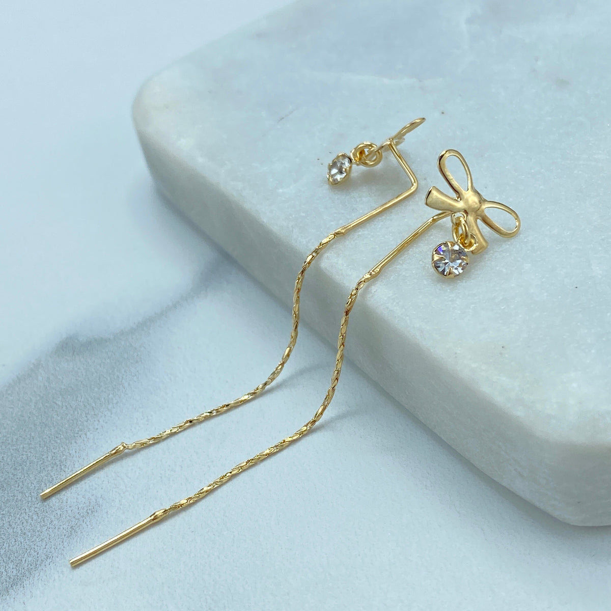 18k Gold Filled Chain Threader Earrings with Crown, CZ and Bow or Heart on Top, Vintage Threader Earrings, Wholesale Jewelry